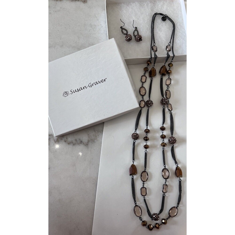 Susan Graver Long Metallic Necklace & Earring Set/ Dark Silver Brown Rhinestone
